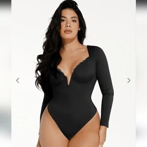 Popilush Shapewear Long Sleeve Lace Trim V-neck Slimming Bodysuit M NWT